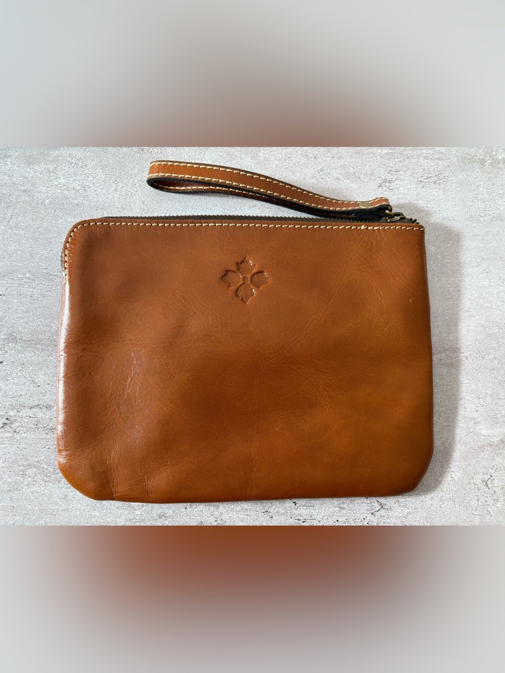 Patricia Nash Cassini Cognac Brown Leather Wristlet Clutch Zip Pouch